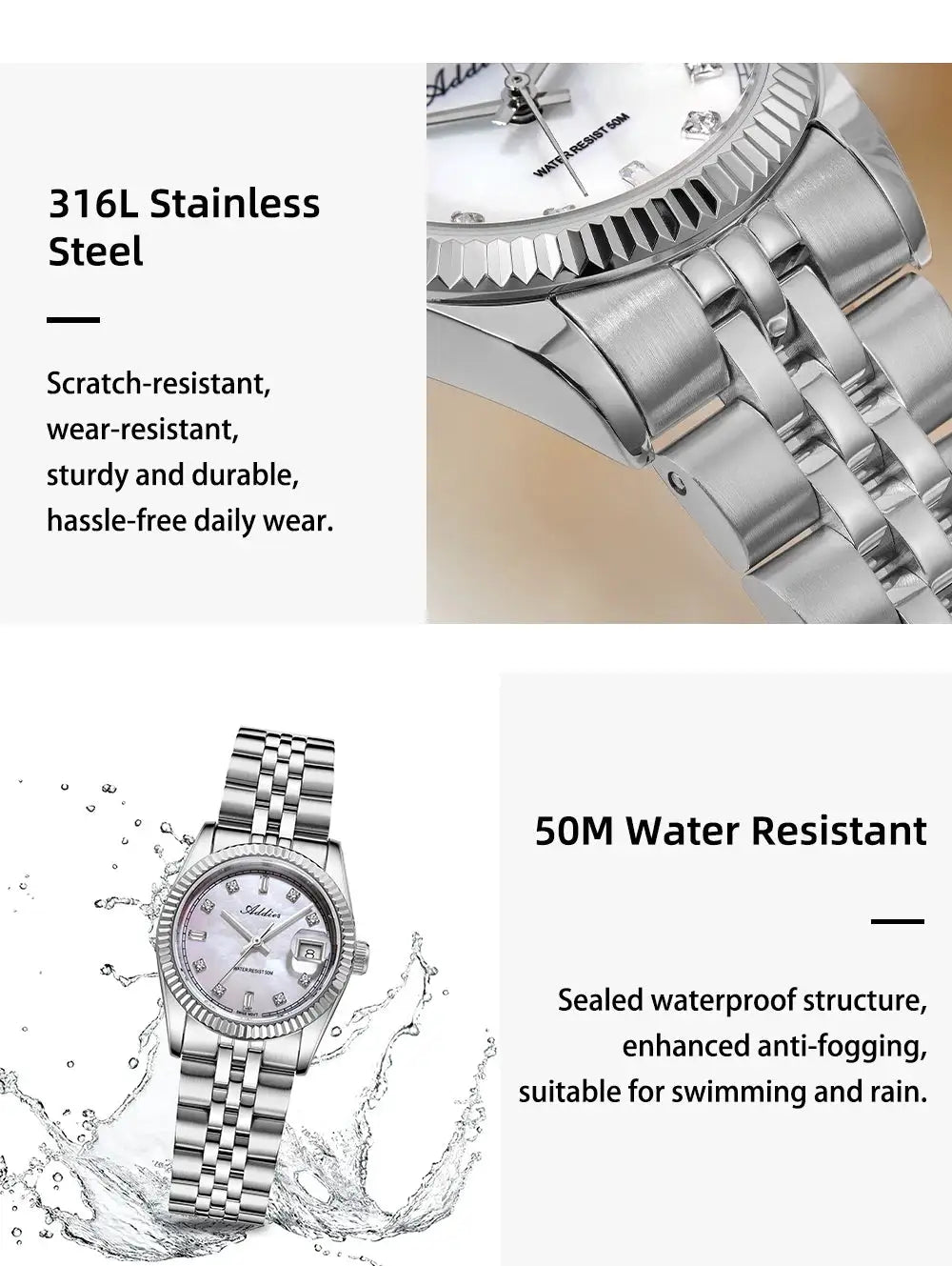 ADDIES luxury women's watch, 316L stainless steel, sapphire glass, 50m water resistant, Simples Market.
