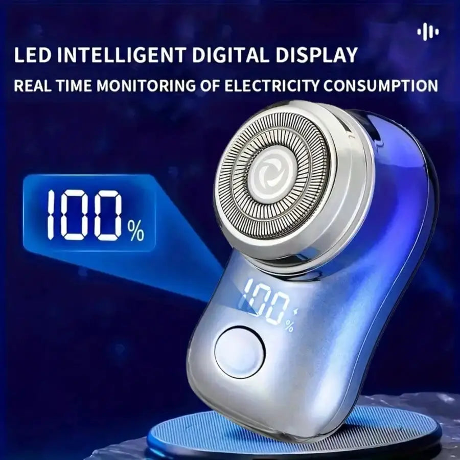 Rechargeable cordless electric shaver for men with LED digital display in blue-silver finish