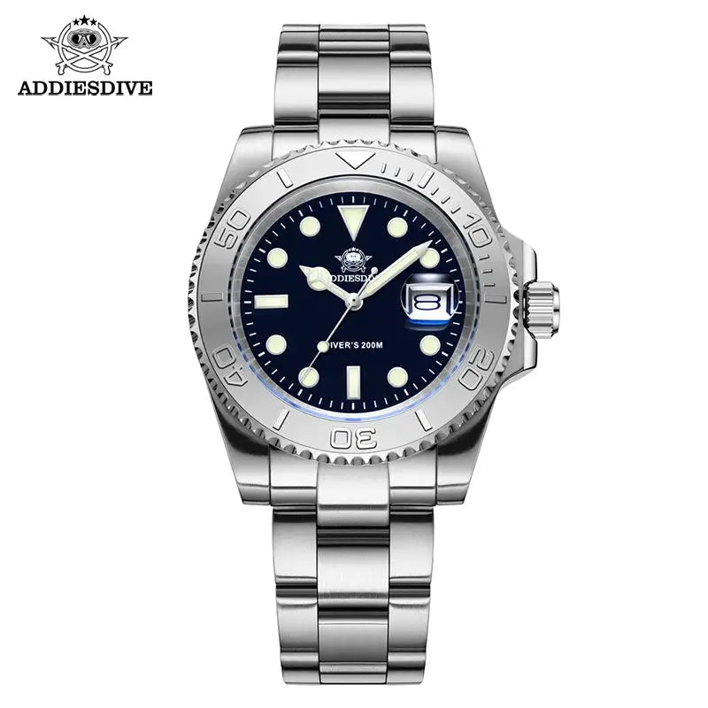 ADDIESDIVE stainless steel men's diver watch with 200m water resistance, blue dial, date window