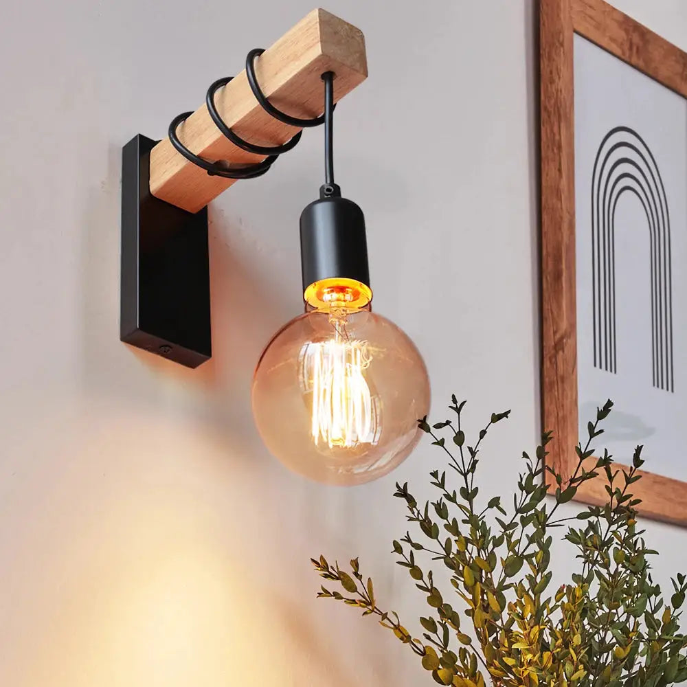 Simples Market wall lamp with iron wood finish, E27 retro sconce with switch, exposed Edison bulb