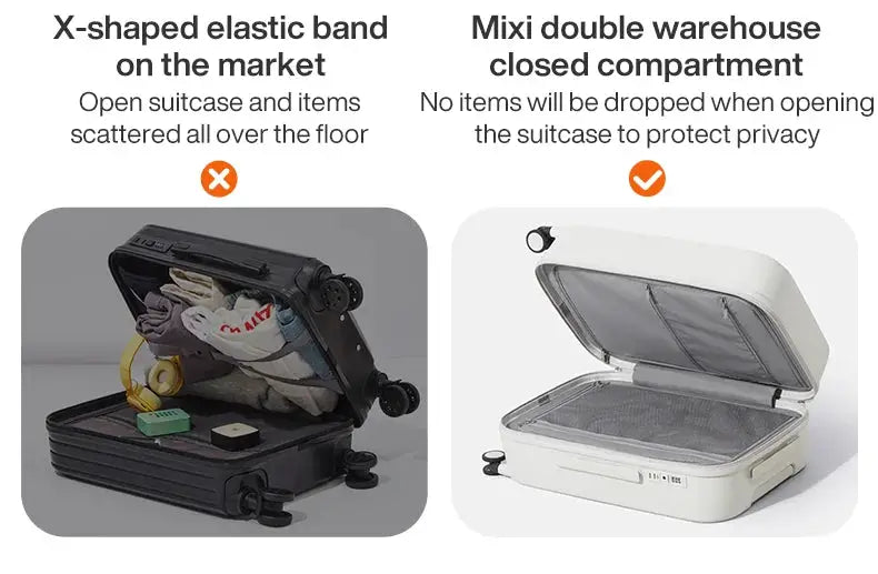 Mixi carry-on suitcases: black open case with clothes spilling and white hard-shell case opened to reveal interior.