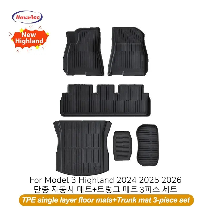 NovaAcc 6-piece all-weather black TPE floor mats and trunk liner for Tesla Model 3 Highland