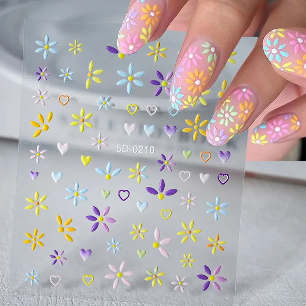 Nail decal sheet with pastel flower and heart stickers for summer adhesive manicure, 5D embossed designs