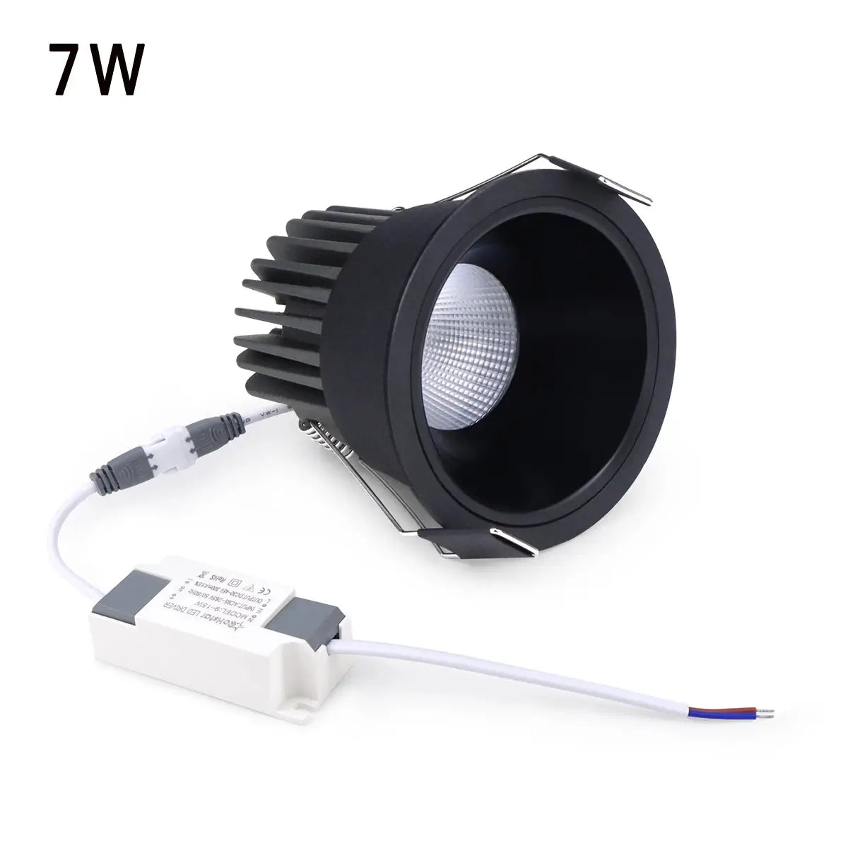 Recessed aluminum COB LED spotlight downlight, black housing, 7W with external driver