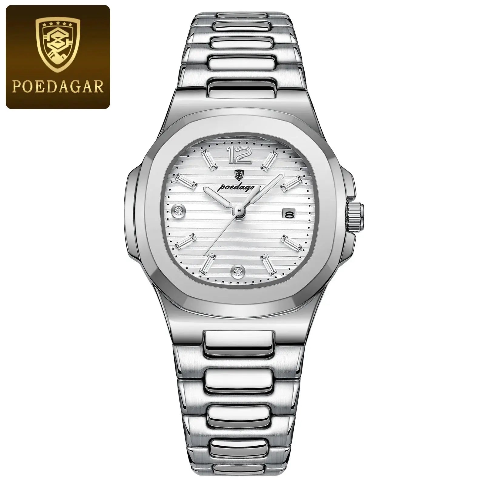 POEDAGAR wristwatch, silver stainless steel bracelet with crystal hour markers and date window