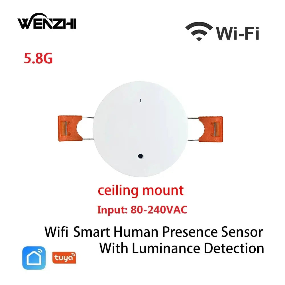 Ceiling-mount motion sensor, white disc with orange mounts, ZigBee/WiFi mmWave luminance detection by WENZHI