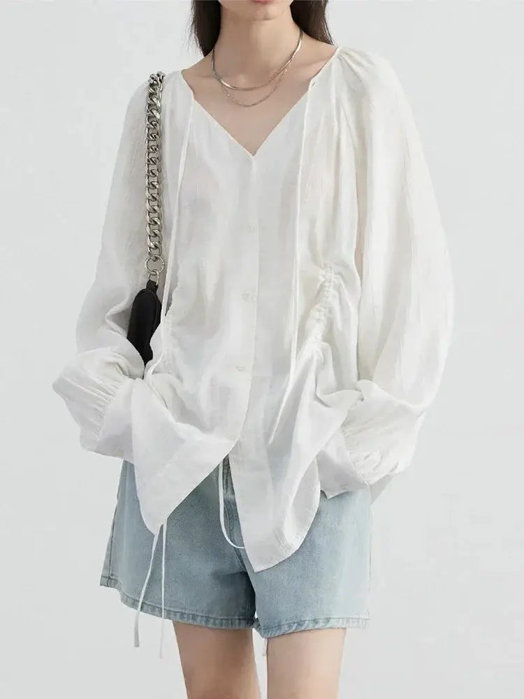CHIC VEN Women Loose Lace Up Shirt white, V-neck blouse with puff sleeves and button-down front.