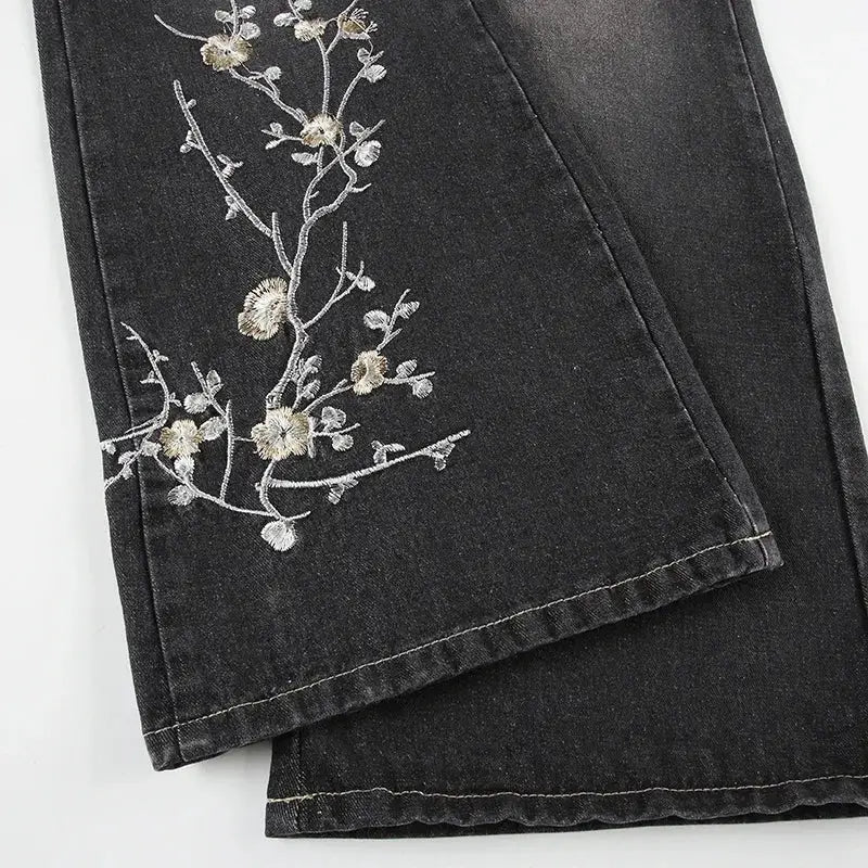 Weekeep Floral Embroidery Jeans Y2K Vintage Low Rise Flared Denim