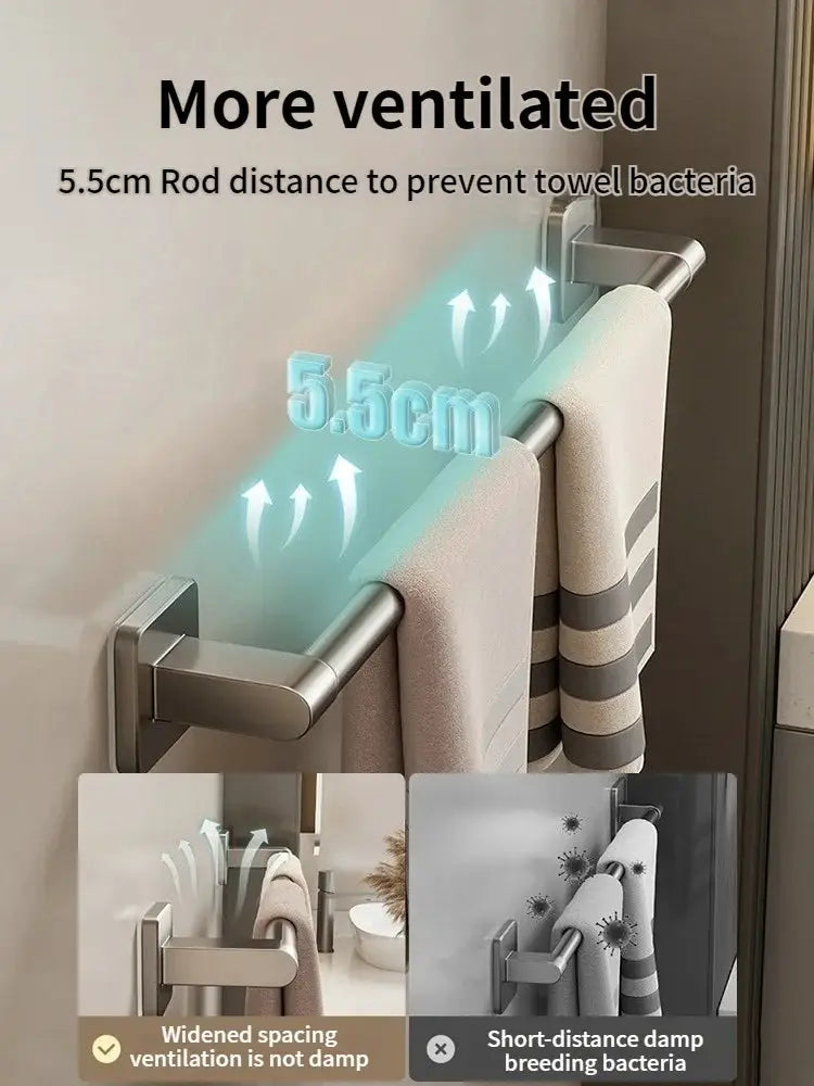Towel bar by Simples Market, stainless steel wall-mounted with 5.5cm rod spacing for ventilation