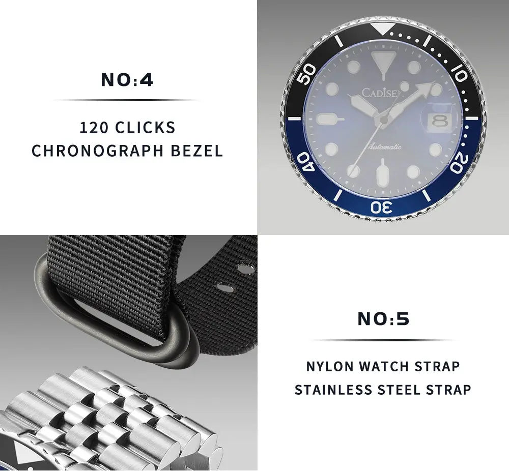 Cadisen luminous men's mechanical watch with ceramic bezel and sapphire glass nylon and stainless steel straps (3 items)
