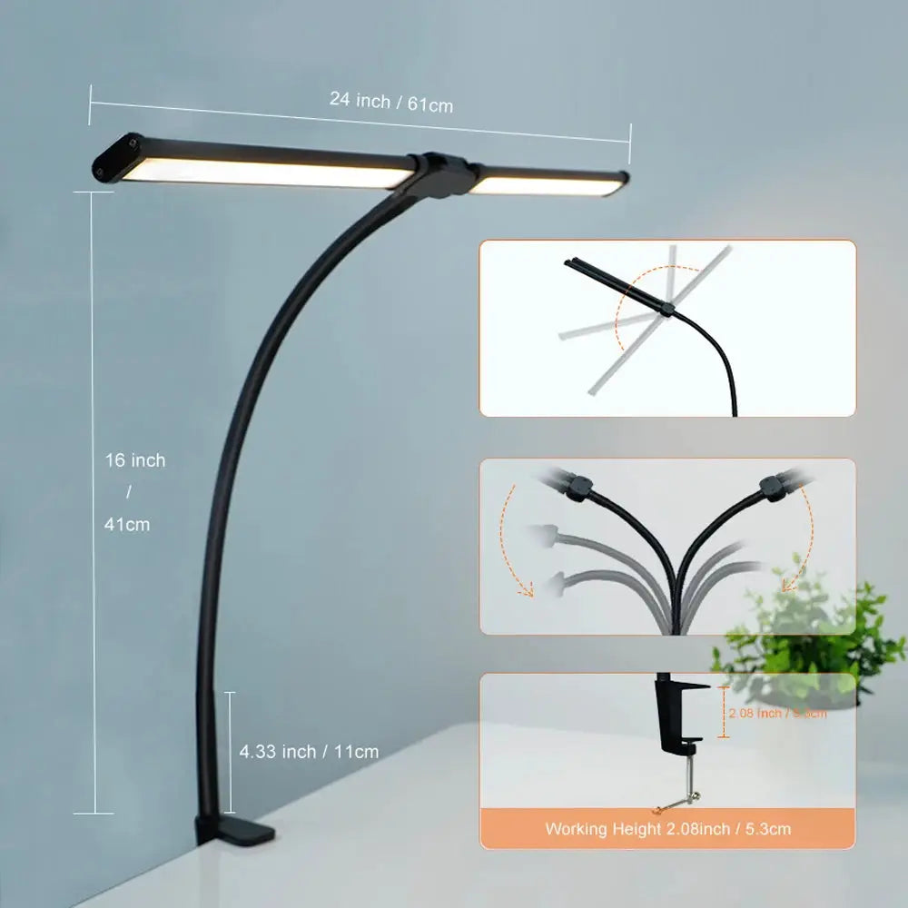 Eye-care LED clip-on desk lamp by Simples Market, black metal with flexible neck and clamp base; available in 3 colors.
