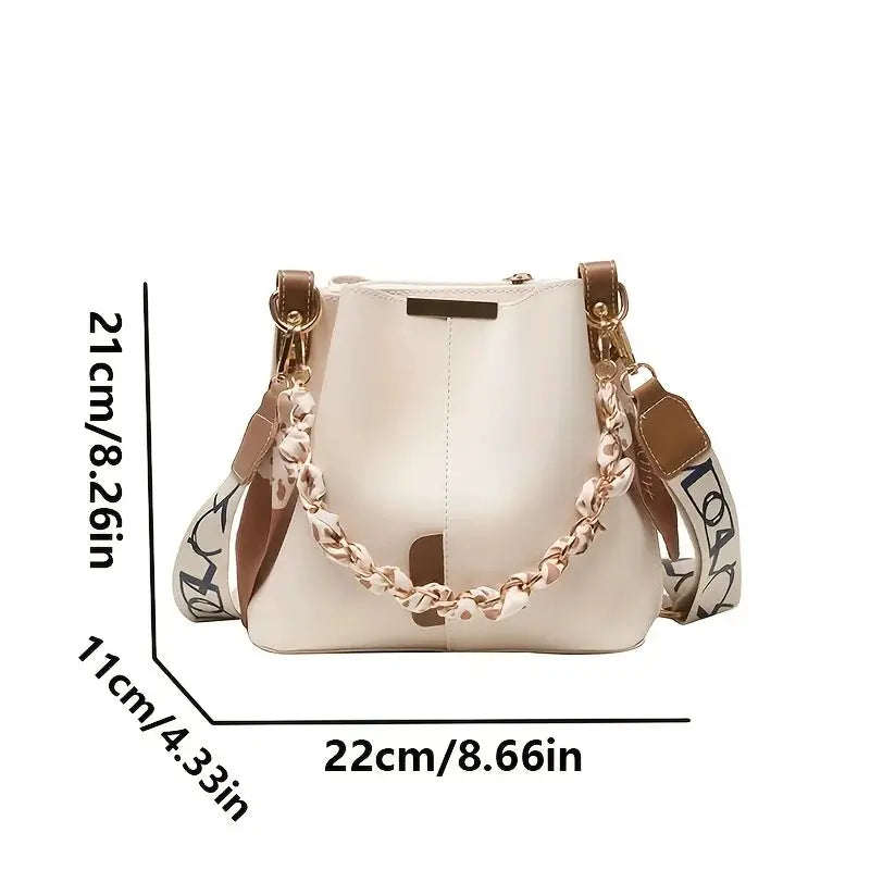 Bucket bag by Simples Market in beige with ribbon-chain handle, large-capacity crossbody bag