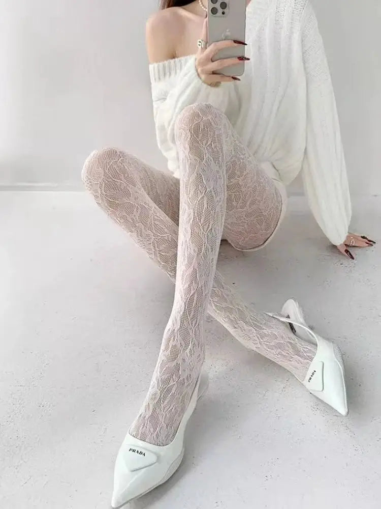 LuxeWear White Fishnet Stockings for Women Floral Mesh Pantyhose High Waist Tights Slimming Breathable Comfort