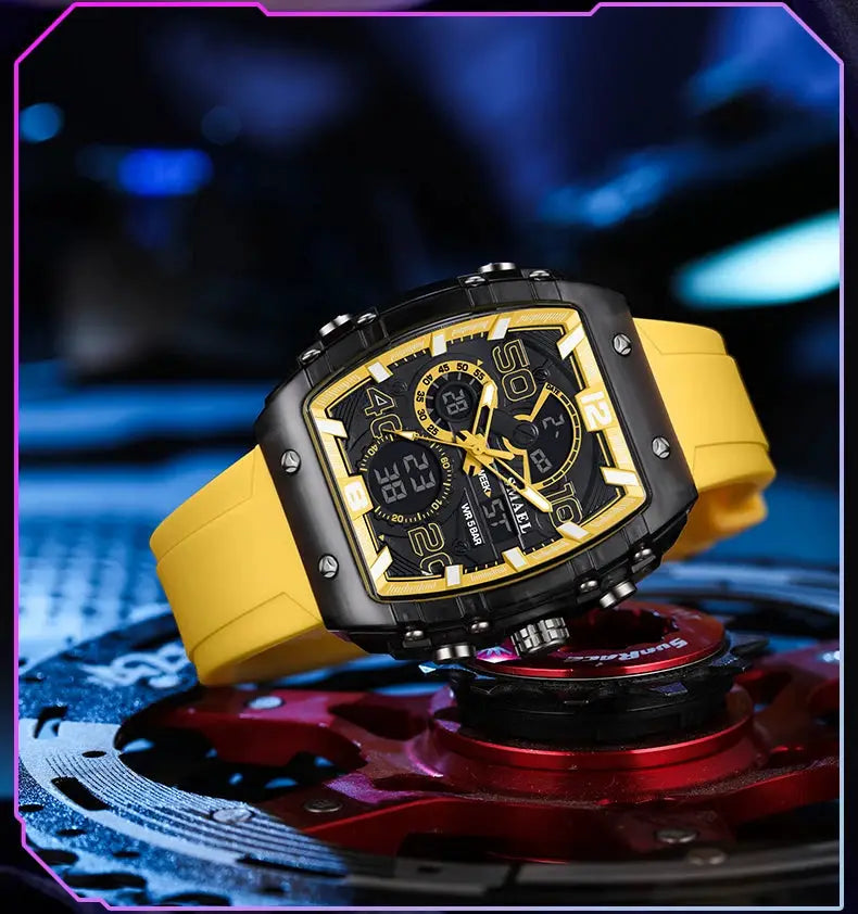 SMAEL 8109 men's square sport watch, yellow silicone strap, black/gold case, dual display, 50m water resistant