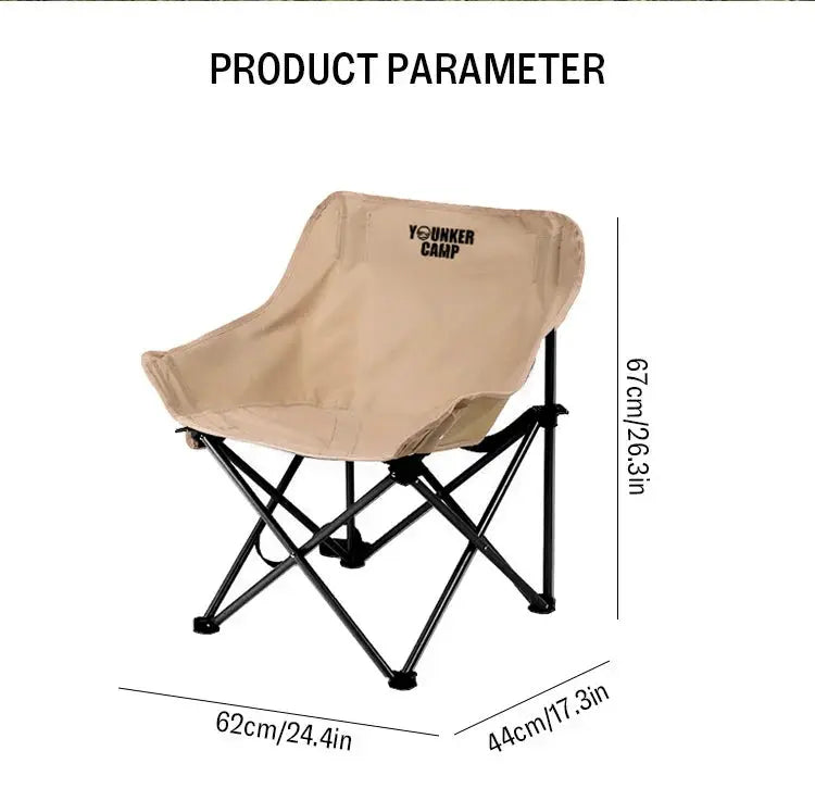 Outdoor folding moon chair in beige fabric with black metal frame, portable camping seating.