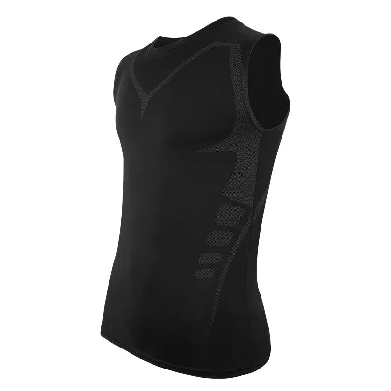 Men's shapewear sleeveless compression vest, black round-neck with breathable side panels