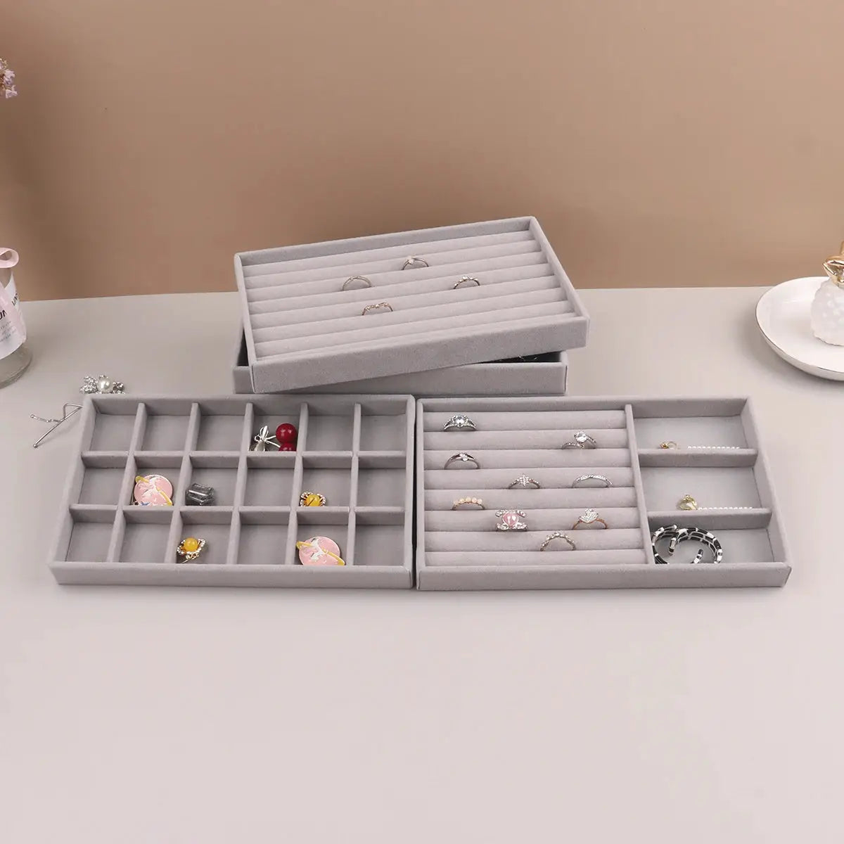 Velvet Jewelry Display Stackable Organizer Box For Rings Earrings Necklaces Portable Case