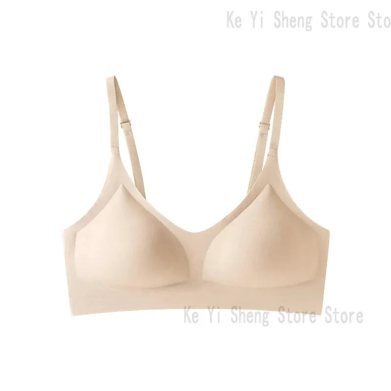 Women's nude seamless bra with adjustable straps in beige.
