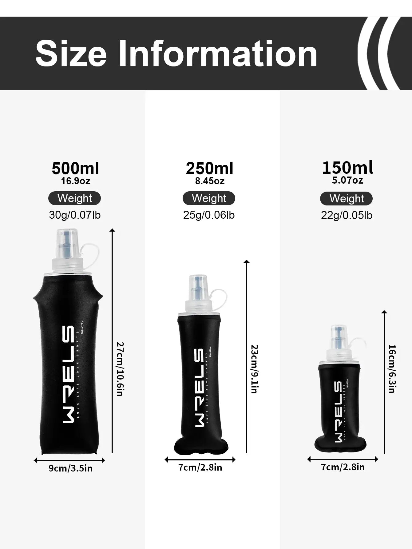 WRELS soft flask hydration bottles shown in three sizes (500ml/250ml/150ml) with black neoprene sleeves by Simples Market