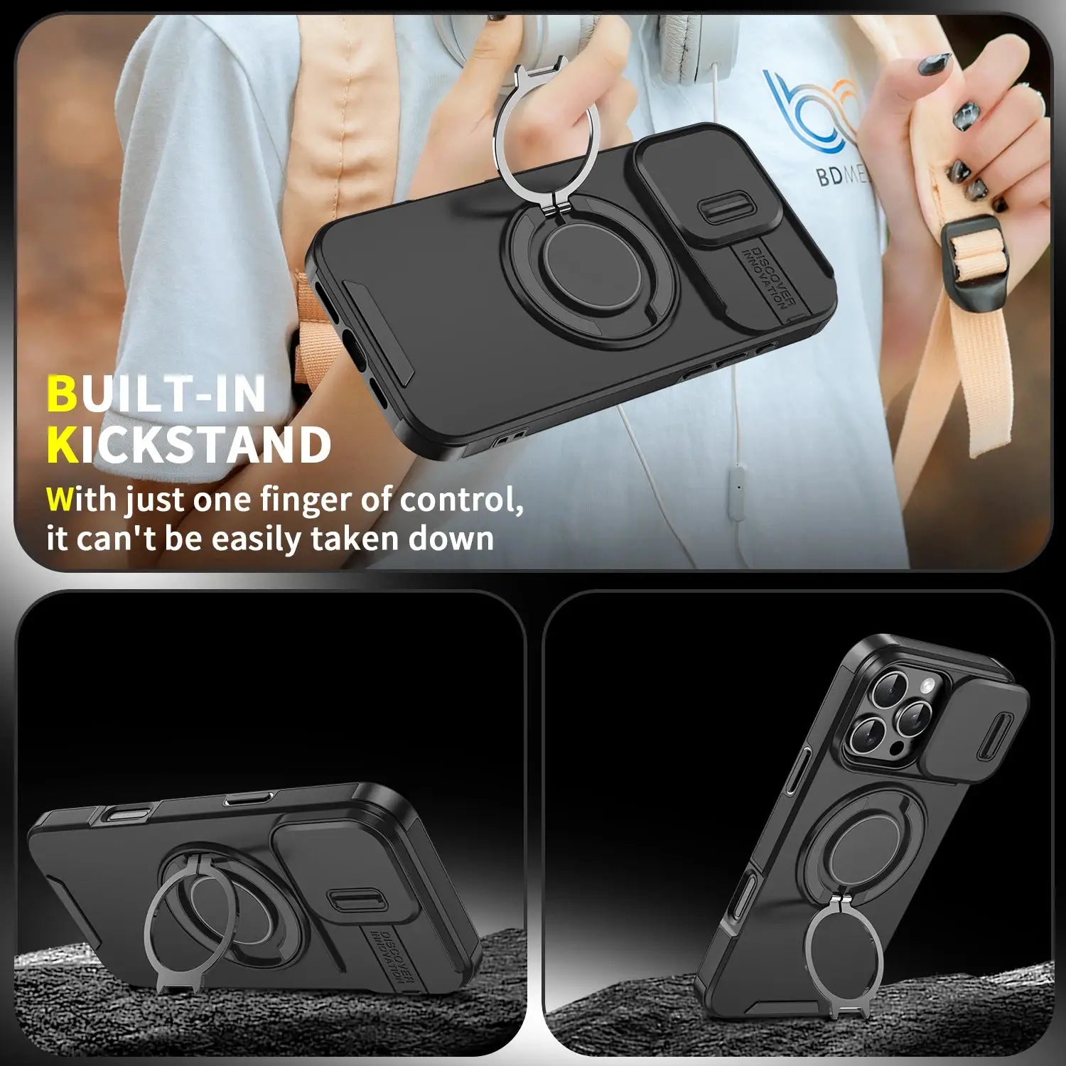 Heavy-duty rugged magnetic stand iPhone case with built-in kickstand, MagSafe compatible, black