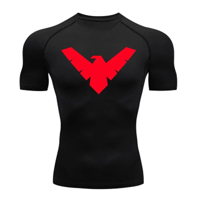 Men's black short-sleeve compression athletic shirt with a large red chest logo.