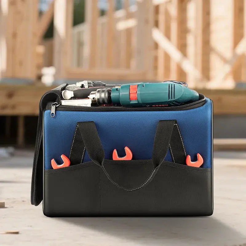 Heavy Duty Polyester Tool Bag blue and black with orange tool hooks