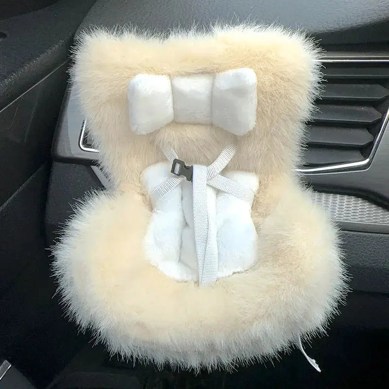 Car doll safety seat by Simples Market, 17cm plush beige fur with white padding and harness