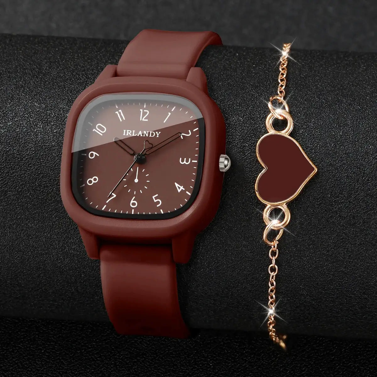 2-piece watch and bracelet set: brown silicone quartz watch with Arabic dial by IRLANDY and gold-tone heart bracelet
