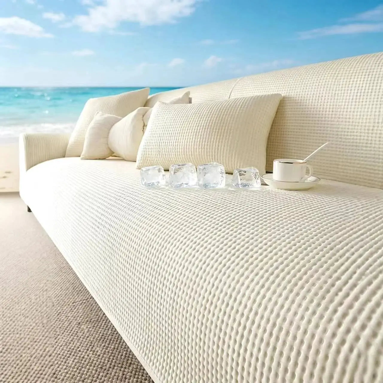 Summer Cooling Touch Anti-Slip Sofa Cover in ivory cream with textured weave for 1/2/3/4 seater