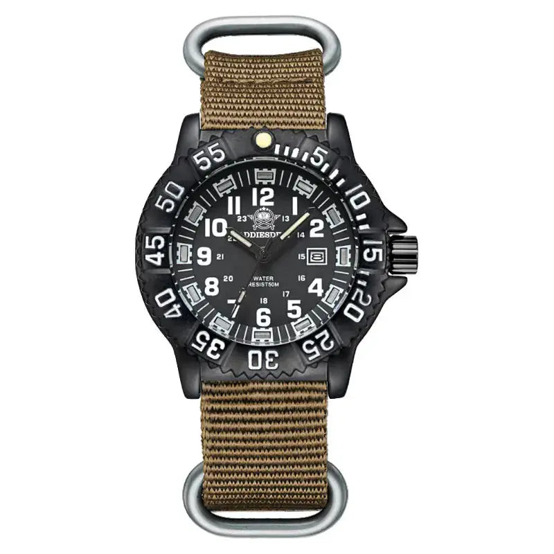 Addies military field watch with black dial, tan nylon strap, luminous numerals, date window, water resistant.