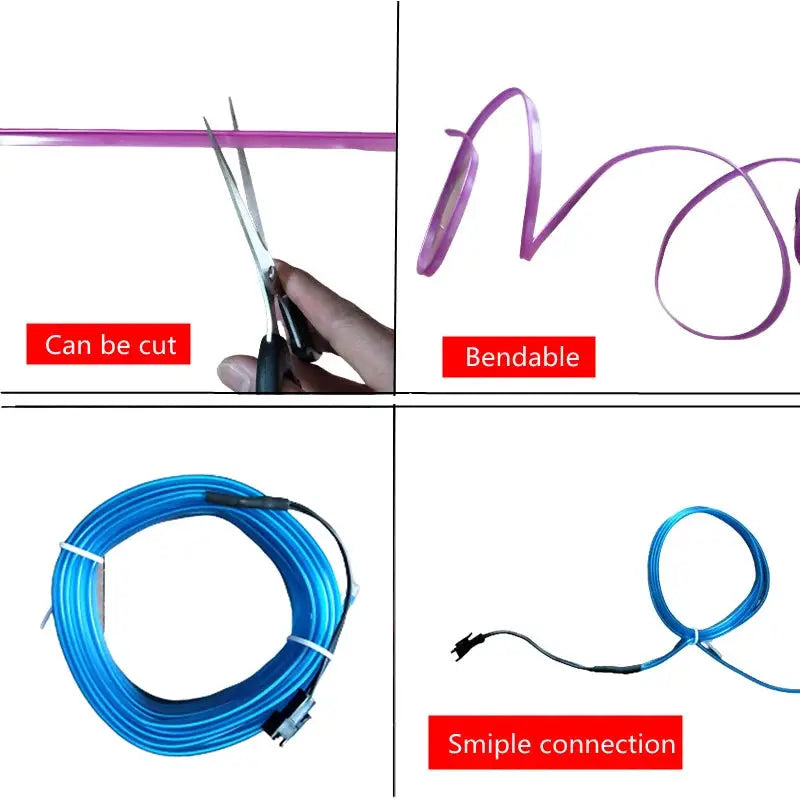 1M 3M 5M Neon LED Car Interior Decorative Lamp Strips USB Powered DIY Dashboard Console Ambient Cool Light