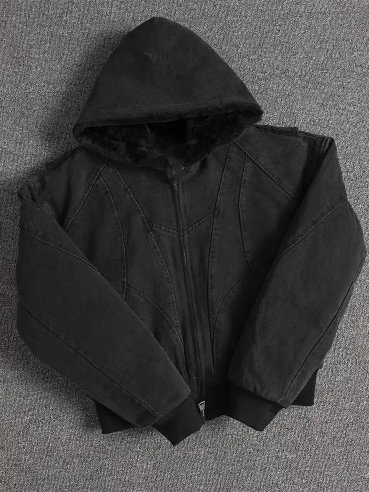 Mauroicardi oversized black canvas padded jacket by Simples Market with faux fur interior and hood.