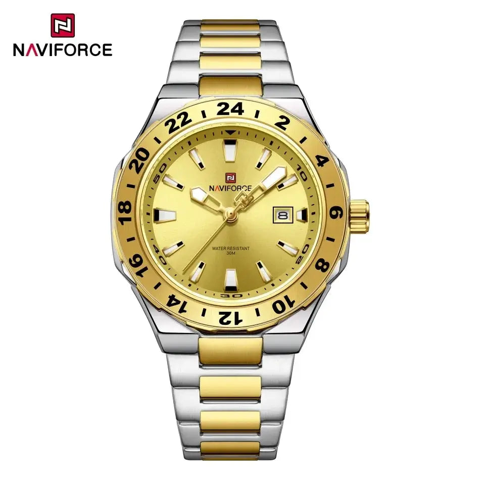 Naviforce luxury two-tone stainless steel wristwatch with gold dial and date window