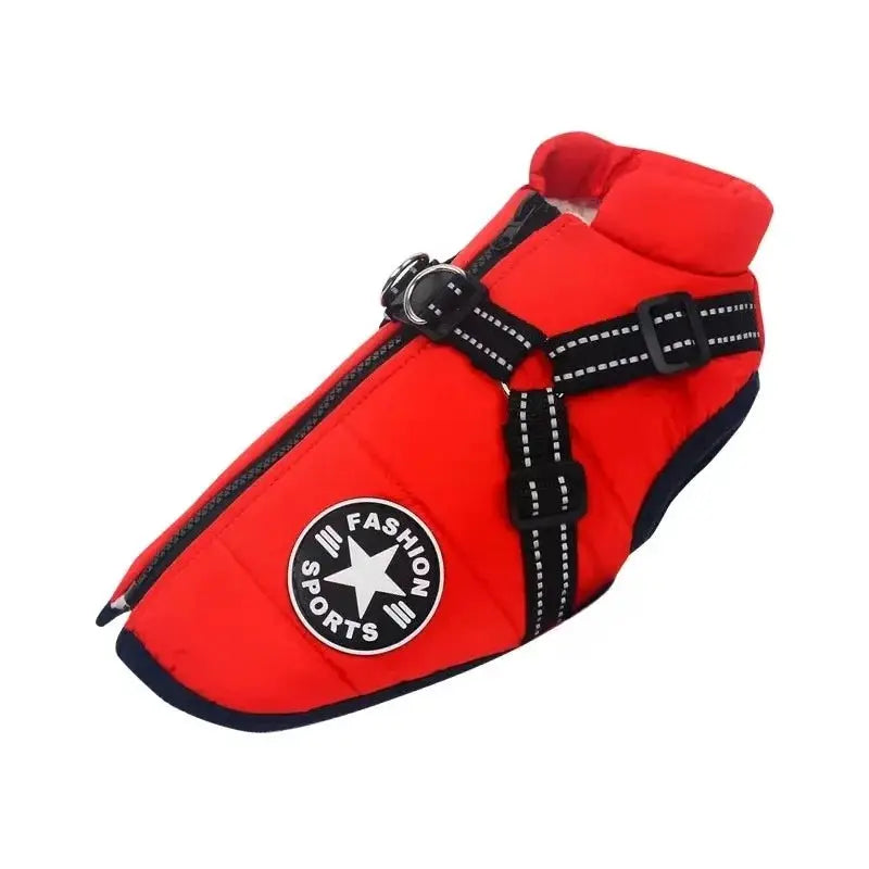 Large red dog jacket with harness, padded waterproof winter coat for big breeds