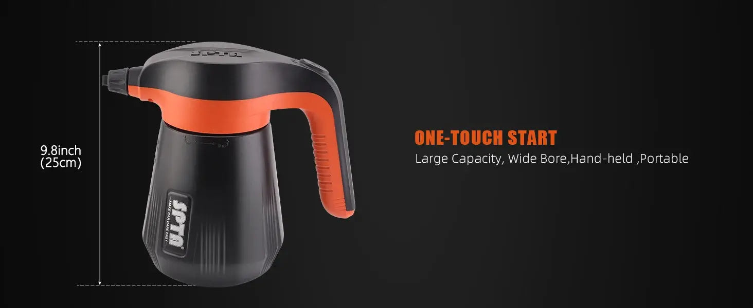 SPTA cordless foam sprayer; black body with orange handle, 2.25L capacity, handheld car wash tool