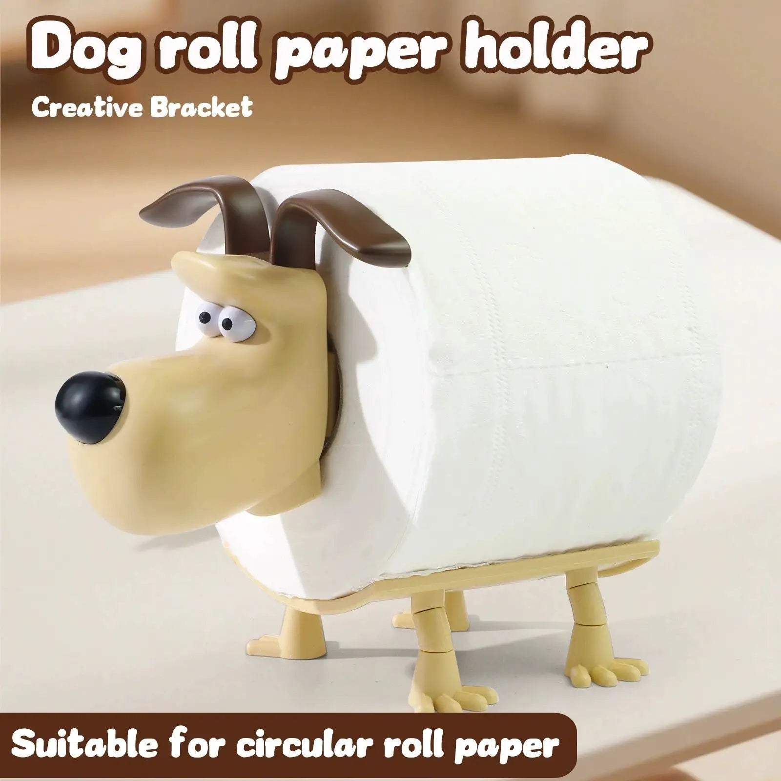 Dog roll paper holder by Simples Market; beige dog figure with brown ears holding a toilet paper roll.