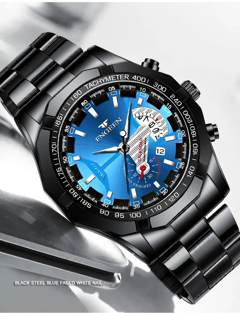 Men's wristwatch with black stainless steel case, blue dial, luminous hands, date window and tachymeter bezel