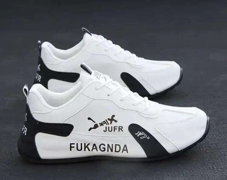 Men's white PU leather waterproof non-slip sneakers with black heel accents, lightweight casual shoes