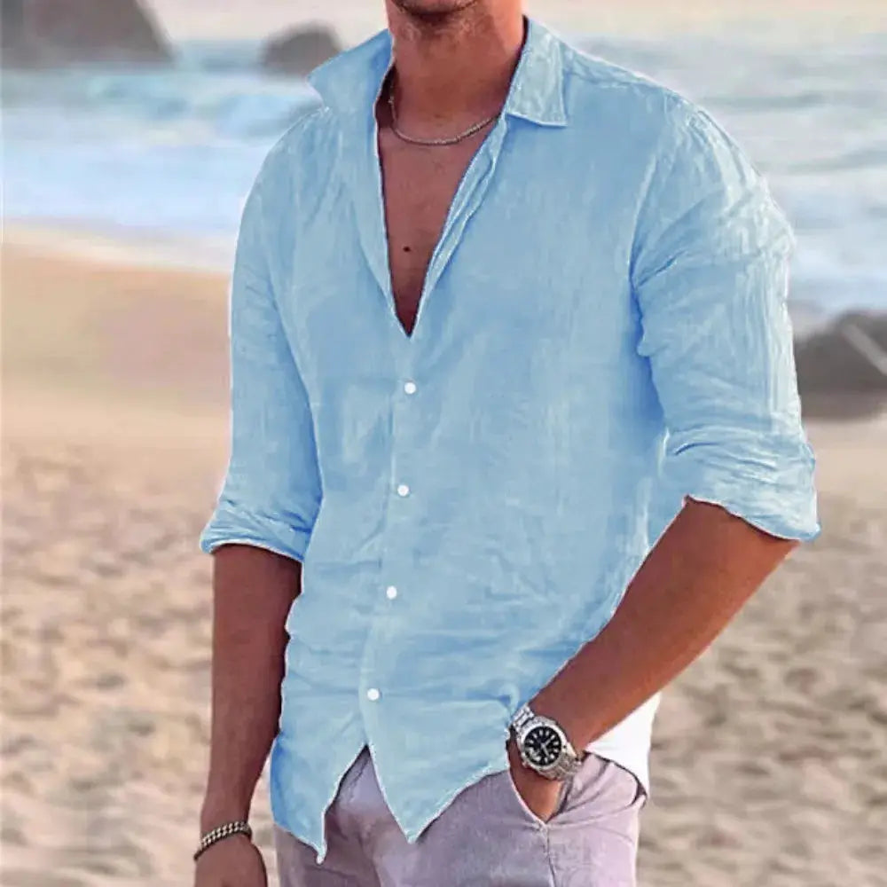 Men's light blue linen-cotton beach shirt, long sleeves