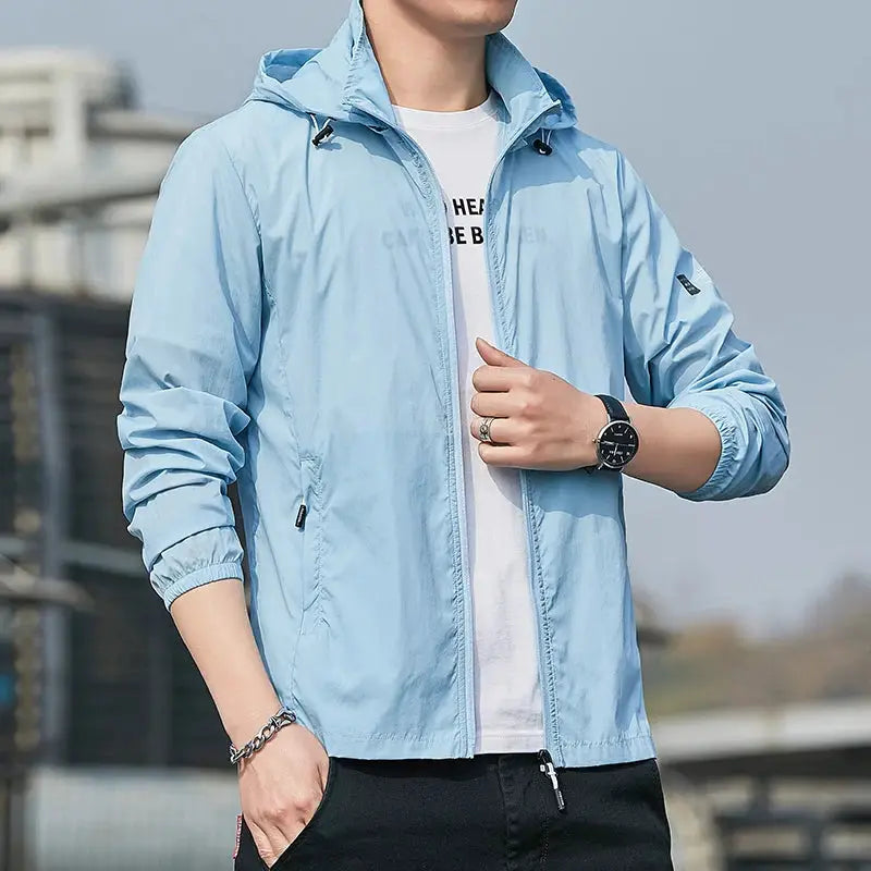 Simples Market light blue hooded windbreaker jacket, waterproof quick-dry sun protection for men and women