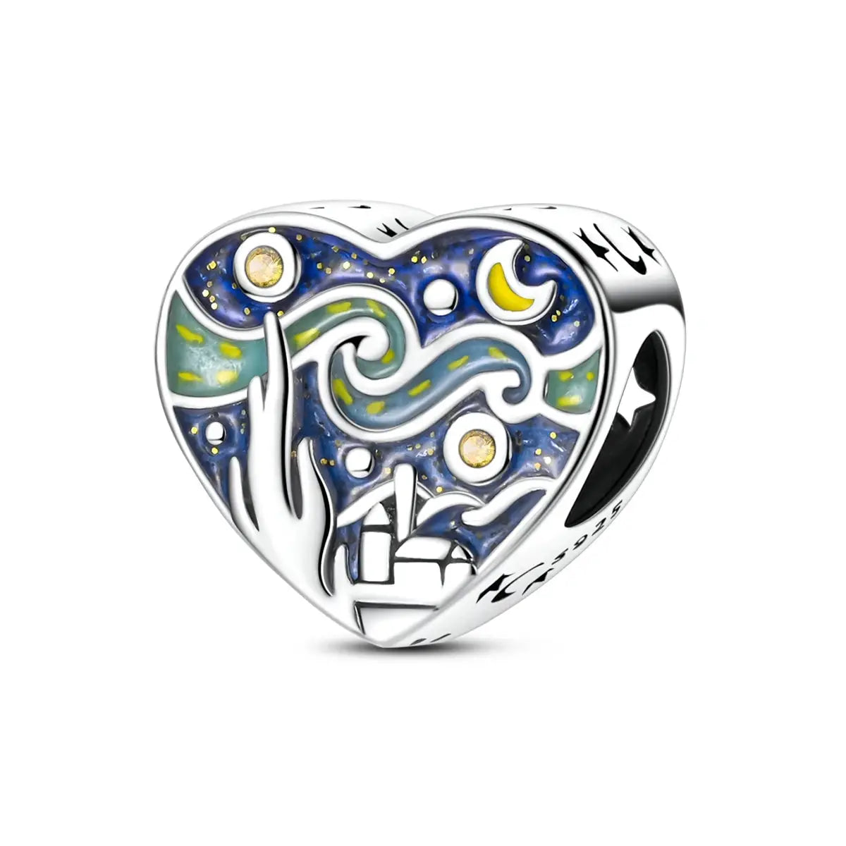 Van Gogh Starry Night heart charm bead, 925 silver with blue enamel and yellow accents for bracelets by Simples Market