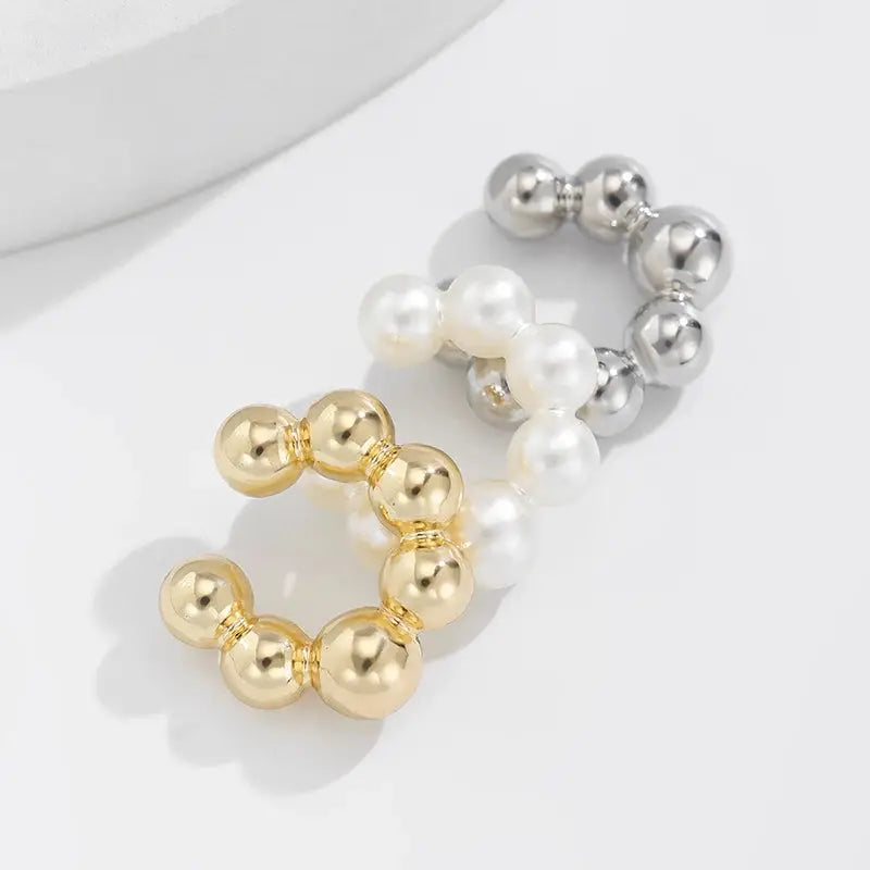 3-piece C-shaped clip-on ear clips with pearl acrylic beads in gold, white, and silver tones