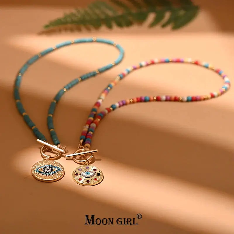 Moon Girl 2 pcs 4mm colorful stone chokers with round evil-eye pendants in turquoise and multicolor beads