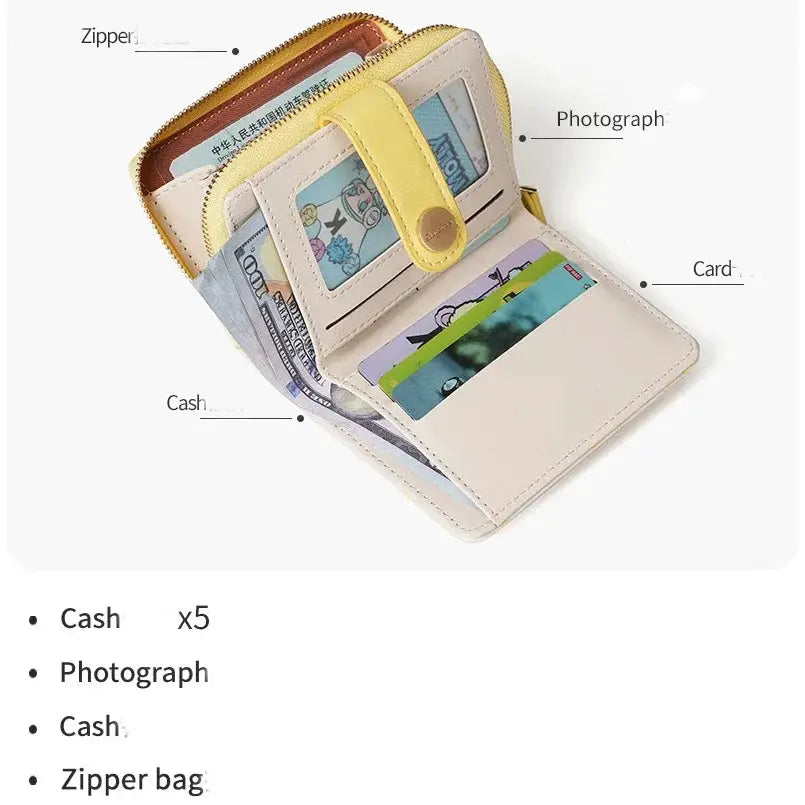 Simples Market Japanese cute cat girls wallet in beige with yellow zipper, card slots and cash pocket