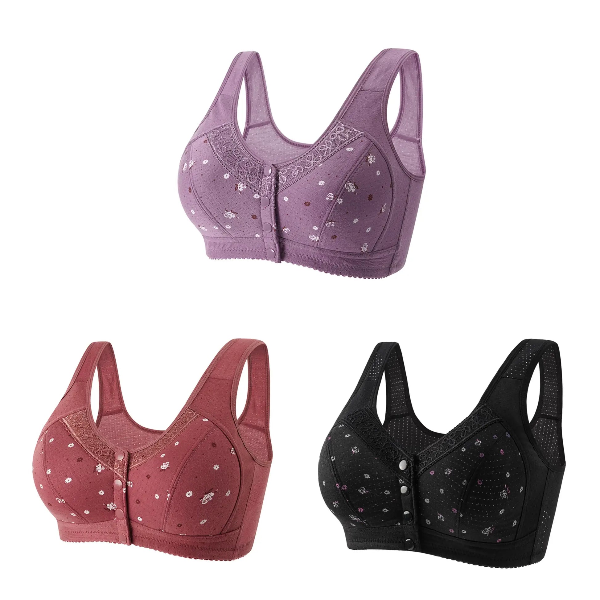 Front-closure bra set, 3-piece plus-size seamless lace wireless bras in purple, pink, red, and black