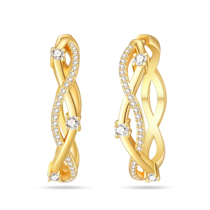 Gold-tone twisted hoop earrings with pavé diamonds, pair for women.