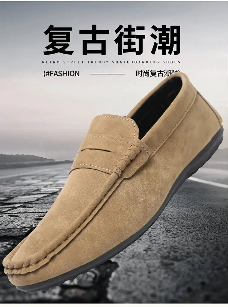 Casual men's driving loafers by Simples Market in tan suede with black sole