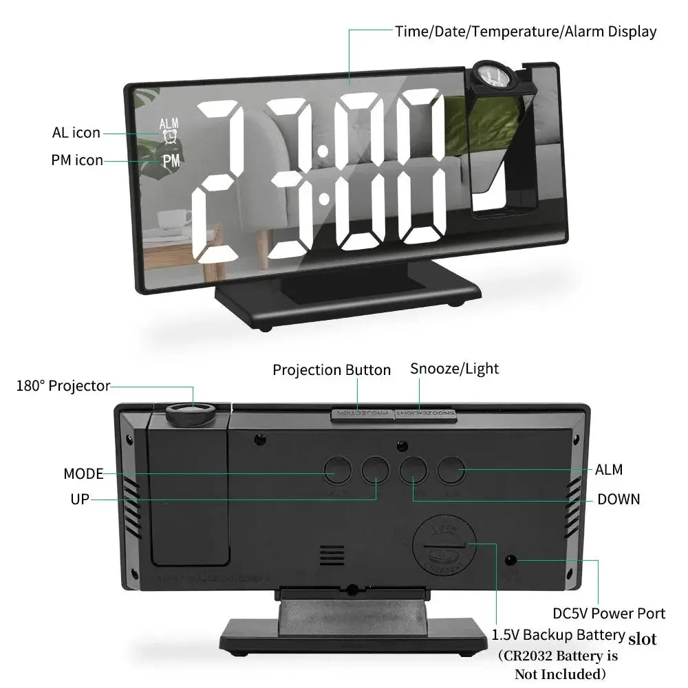 USB powered digital alarm clock with 180° projector, LED time/temperature display, black finish, Simples Market