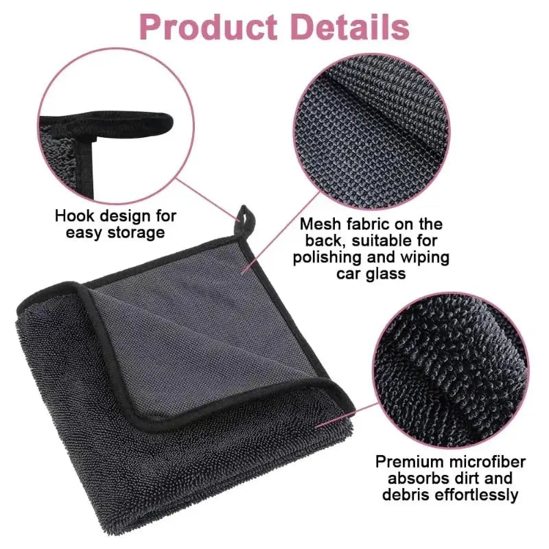 Simples Market microfiber car washing towel, ultra-thick black 40x60/60x90 cm with hook and mesh back