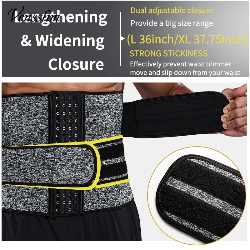 Vensslim men's waist trainer belt with dual adjustable closure; grey heather fabric and black fastenings.